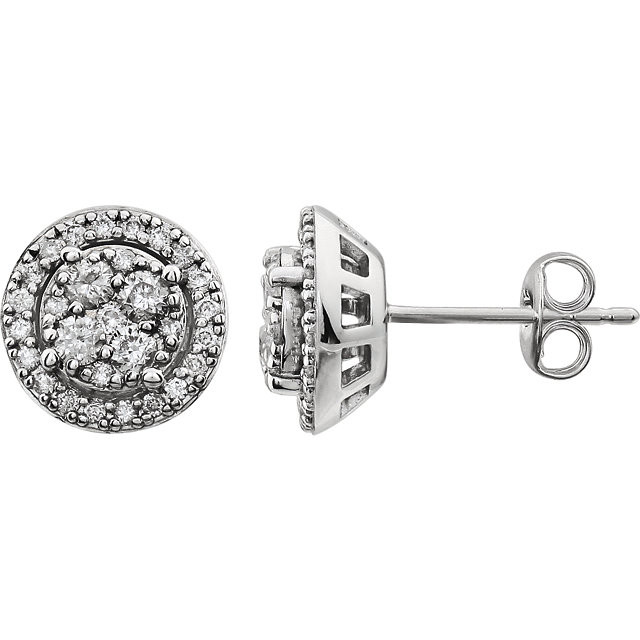 Classic and elegant, these diamond fashion earrings take any look to another level. Crafted in 14K white gold, each earring design features a cluster of diamonds at its center. A halo frame of accent diamonds surrounds the center clusters, wrapping them in a sparkling embrace. Radiant with 1/2 ct. t.w. of diamonds and a bright polished shine, these post earrings secure with friction backs. 
