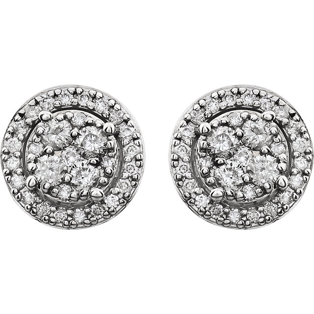 Classic and elegant, these diamond fashion earrings take any look to another level. Crafted in 14K white gold, each earring design features a cluster of diamonds at its center. A halo frame of accent diamonds surrounds the center clusters, wrapping them in a sparkling embrace. Radiant with 1/2 ct. t.w. of diamonds and a bright polished shine, these post earrings secure with friction backs. 