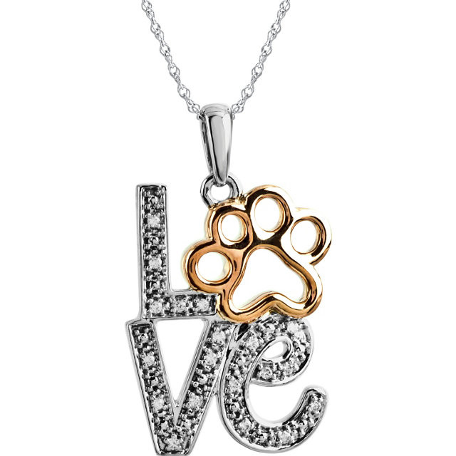 The stacked letters of “LOVE” are featured on this dazzling pendant with diamond accents. A yellow gold-plated paw print replaces the “O” for animal-loving humor.