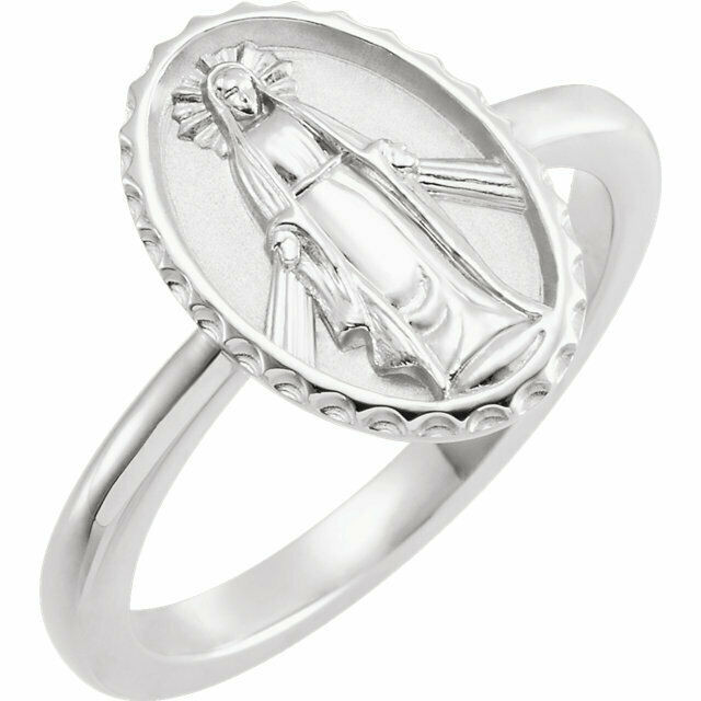 This sterling silver symbolic ring features an oval miraculous medal. Fits a size 7 finger.