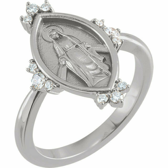 This sterling silver symbolic ring features 12 brilliant diamond accents and an oval miraculous medal. Fits a size 7 finger.