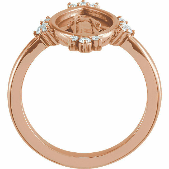 This 14k rose gold symbolic ring features 12 brilliant diamond accents and an oval miraculous medal. Fits a size 7 finger.