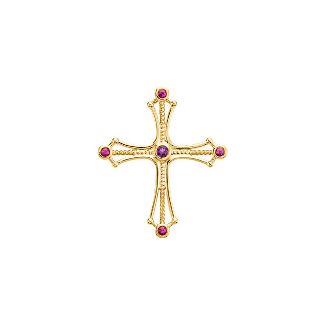 Faith and fashion meet in this dazzling genuine amethyst and ruby cross design. Expertly crafted in precious 14K gold, this traditional cross is completely outlined with beautiful round gemstones accents. Simple and meaningful, this cross is polished to a brilliant shine. 