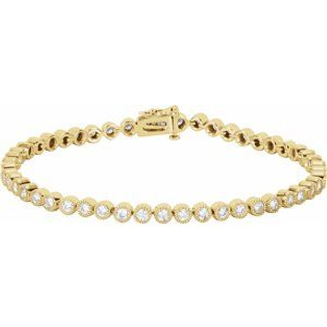 Awe-inspiring and alluring, this tennis bracelet is a winner all around. Beautifully crafted in cool 14K yellow gold, this stunning style bracelet features a set with 2 cts. t.w. of shimmering round diamonds, each with a color ranking of H+ and a clarity of I2. An exceptional design, this bracelet measures 7.25 inches in length and secures with a tongue and groove clasp.