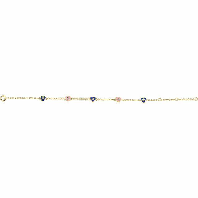 Diamond Flower & Hearts 5-7" Bracelet In 14K Yellow Gold. Diamonds are H+ in color and I2 or better in clarity. Polished to a brilliant shine.