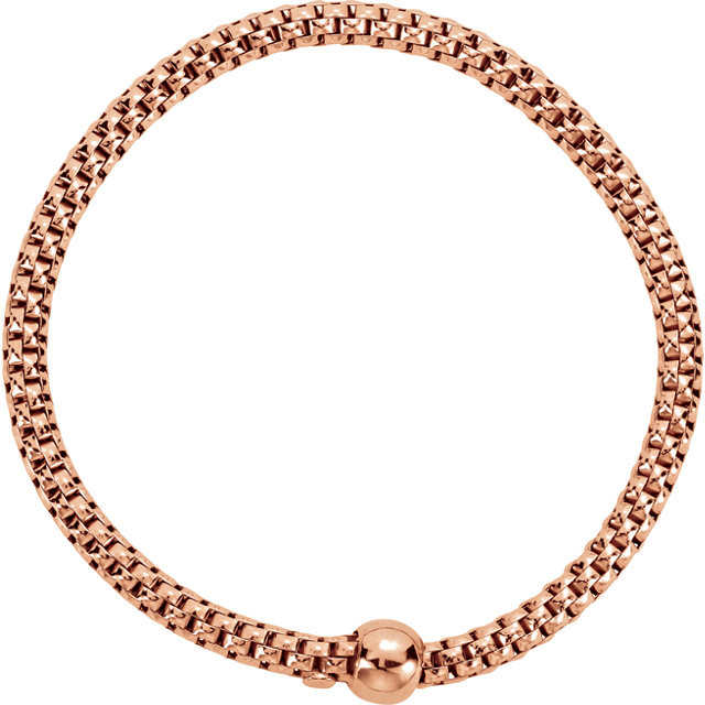 Rose Gold Plated Woven Stretch Bracelet fashioned in sterling silver and 14K yellow gold. Bracelet measures 04.30mm and polished to shine.

 

Quality: Sterling Silver

Style: Bracelet

Size: 04.30mm

Finish State: Polished 