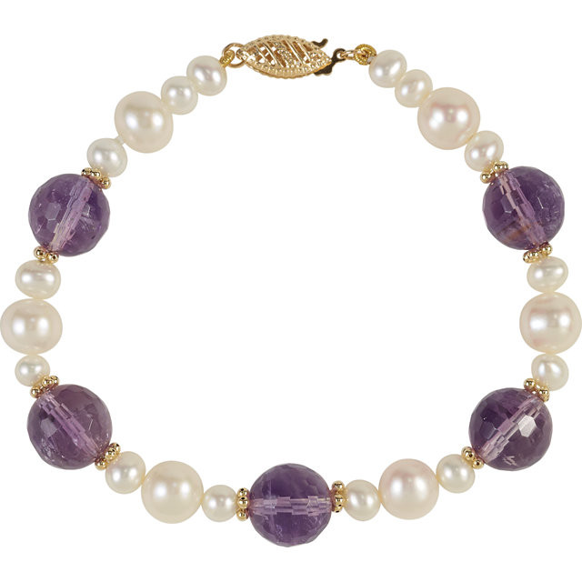 Freshwater Cultured Pearl & Amethyst Bracelet fashioned in 14K yellow. Bracelet stones measures 5.00-10.00mm and polished to shine.