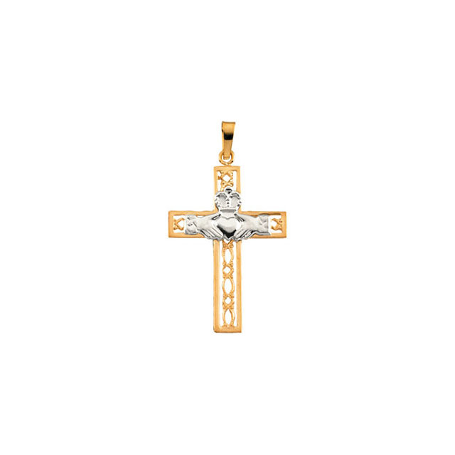 Designed to inspire, this claddagh cross pendant is crafted in 14k yellow/white gold and measures 27.50x19.50mm and has a bright polish to shine.