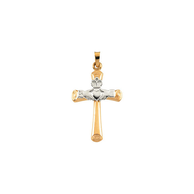 Designed to inspire, this claddagh cross pendant is crafted in 14k yellow/white gold and measures 27.00x19.50mm and has a bright polish to shine.