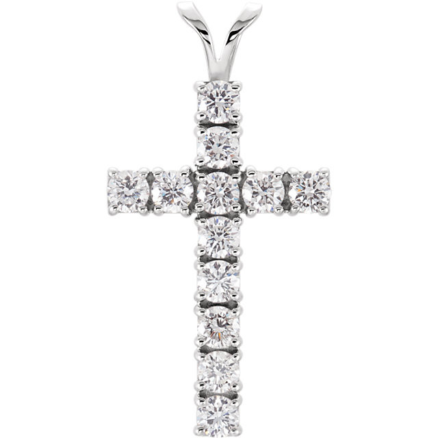 Crafted from 14K gold, this shimmering cross pendant is covered with round brilliant cut diamonds weighing approximately 1.20 ct. tw.
