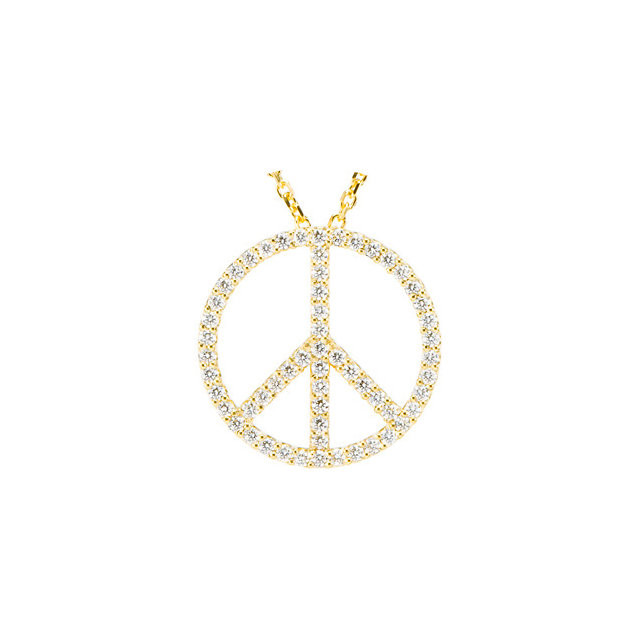 Flash your message in diamonds with a symbolic emblem known worldwide for peace and non-violence. Open design pendant measures approximately 5/8" in diameter and is prong set with 59 full cut round diamonds totaling 1/3 carat. It hangs from a hidden bail on a matching 1mm diamond cut cable chain that is 16 inches in length.