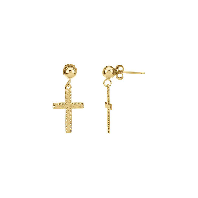 Simple elegance in a faith inspired design cross dangle earrings fashioned from 14k yellow gold. Earrings measure 11.00x08.00mm with a bright polish to shine.