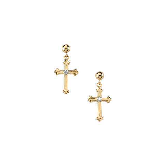Simple elegance in a faith inspired design diamond cross dangle earrings fashioned from 14k yellow gold. Earrings measure 15.00x10.50mm with a bright polish to shine.