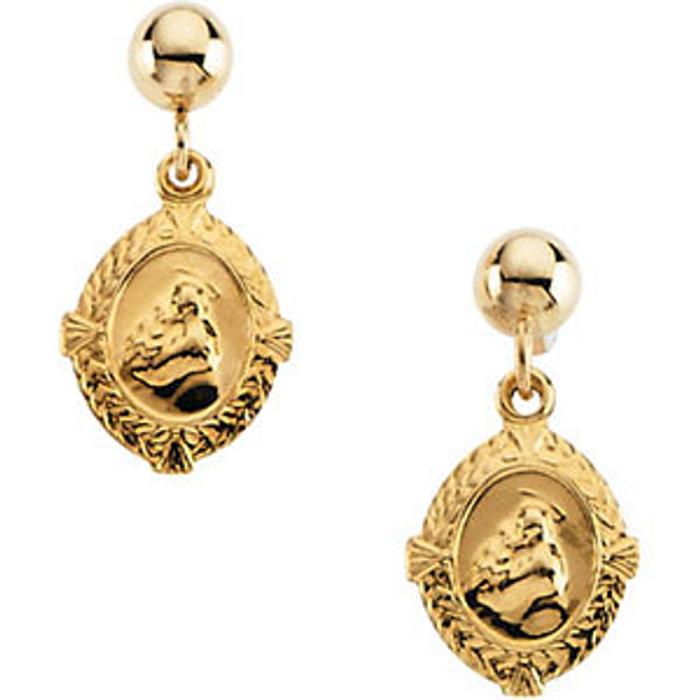 These miraculous dangle earrings are crafted from high-polished 14K yellow gold and features a St. Anthony medal, bordered with a textured design, that dangles from a gold ball. They measure approximately 3/4" in length and are secured with push-back closures.