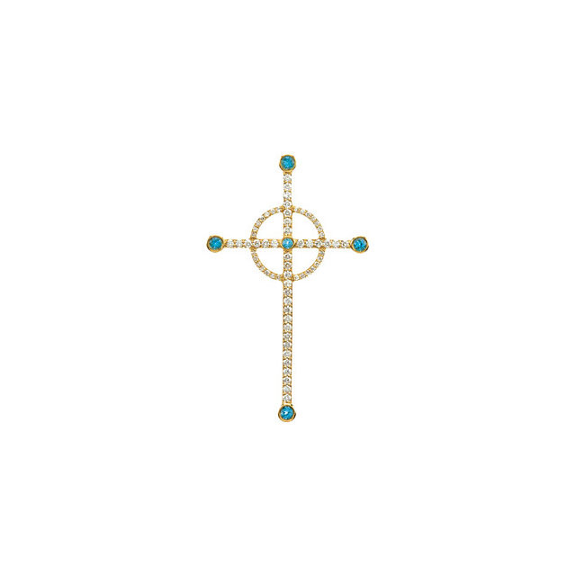 Beautiful 14k yellow gold Swiss blue topaz and 1/2ct diamond cross pendant. This incredible gemstone cross measures 48.25mm in length by 29mm across. Diamonds total 1/2 ct tw in this fantastic diamond gemstone cross.