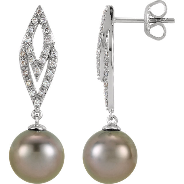 These elegant 14k white gold earrings each feature a black tahitian pearl with diamond accents in a classic design. Diamonds are 1/4ctw, H-I in color, and I3 or better in clarity. Polished to a brilliant shine.