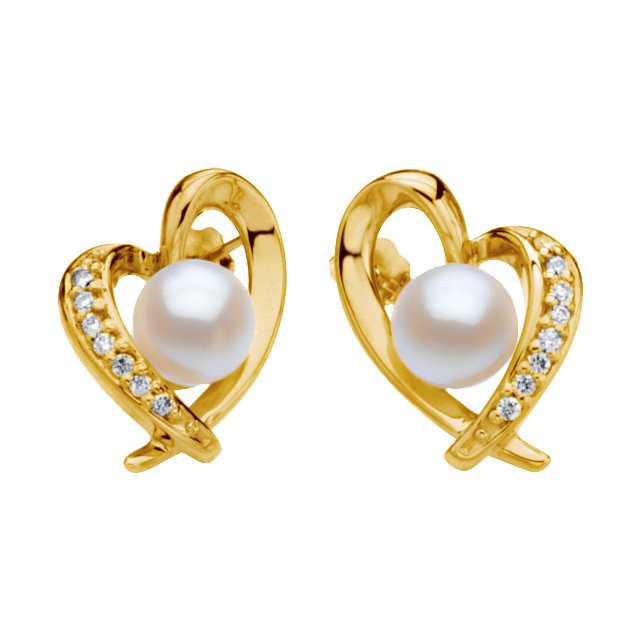 These elegant 14k yellow gold heart earrings each feature a 7mm akoya cultured pearl with diamond accents. Diamonds are 1/6ctw, G-H in color, and I1 or better in clarity.