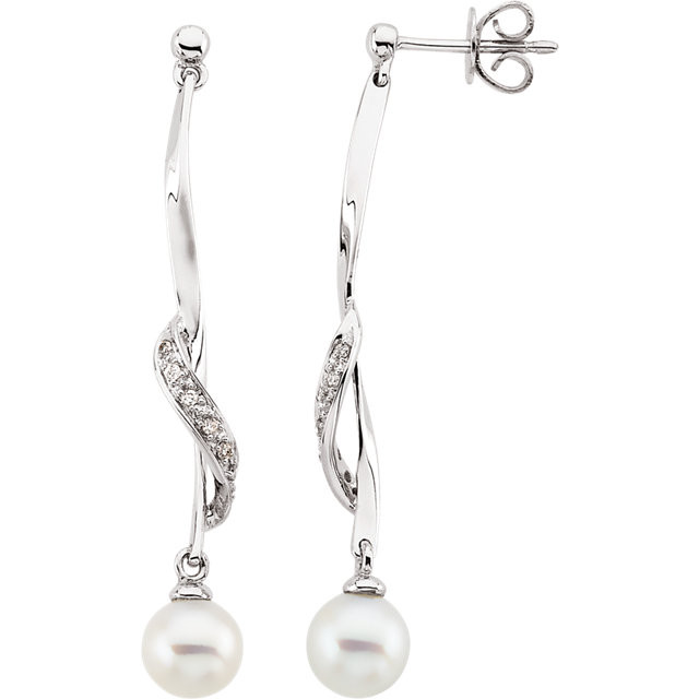 These fine earrings for her each include an 6.00-06.50mm cultured pearl, complemented by swirls of 14k white gold. The earrings are a bright polish to shine.