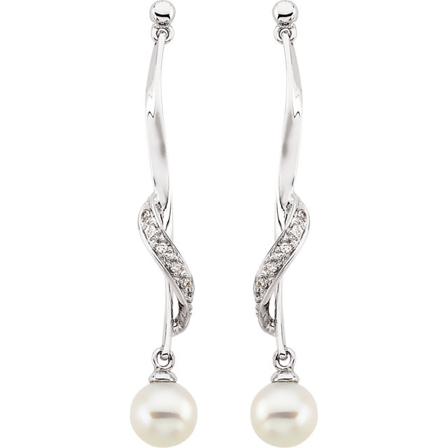 These fine earrings for her each include an 6.00-06.50mm cultured pearl, complemented by swirls of 14k white gold. The earrings are a bright polish to shine.