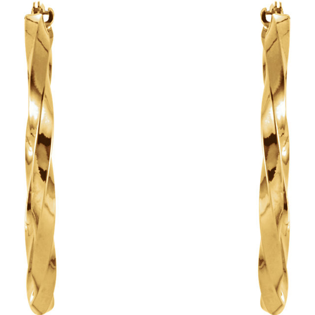 Twist the night away with this pair of swanky 14k yellow gold hoop earrings! Polished with a warm, rich gleam, the subtle twist pattern gives this classic style a modern touch. Snap-bar, 14kt yellow gold earrings.