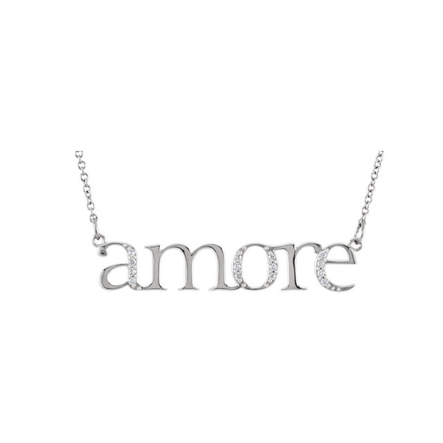 14K Solid White Gold Genuine Diamonds "Amore" Pendant Necklace featuring a 0.08 ct. tw. round genuine diamonds. It is set in brightly polished solid 14K white gold. The chain is an 16 inch 14K solid cable chain and it is a truly unique and a fantastic choice. This necklace makes an awesome Gift for that special someone in your life.