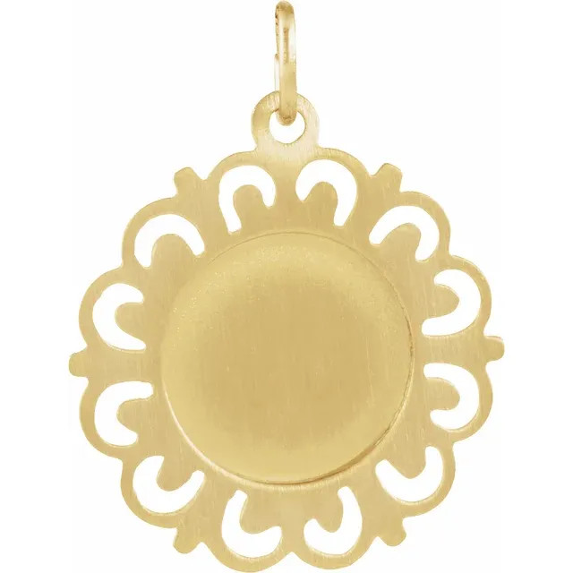 This Round Caridad Del Cobre Pendant Medal features dimensions of 18.5 millimeters, approximately 3/4-inch round. Made of 14K Yellow Gold, this religious jewelry piece weighs approximately 1.45 grams.