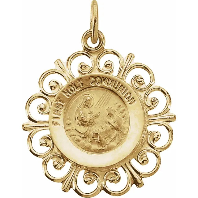 This 14K Solid Gold First Holy Communion Medal is the celebration of receiving Jesus for the first time.