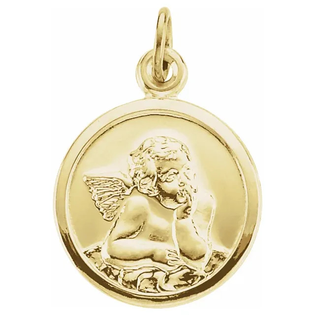 This Guardian Angel Medal measures 14.25 millimeters, approximately 5/8-inch round. Made of 14K Yellow Gold, this piece features a weight of 2.02 grams.