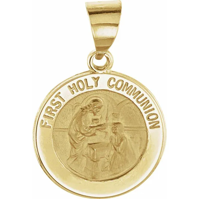 We have this divine FIRST HOLY COMMUNION medal pendant created of 14 karat yellow gold. This features a FIRST HOLY COMMUNION medal figure. Order this grand FIRST HOLY COMMUNION medal pendant now and have an extraordinary piece of art.