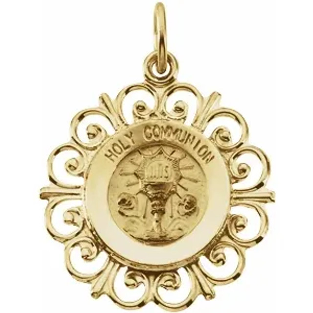 Fashioned from 14K yellow gold, this lovely, Holy Communion medal features a matte-finished center that is adorned with a chalice and the Latin inscription "IHS": Iesus Hominum Salvator, or "Jesus, Savior of Men"). Two cherubim are next to the chalice, one on each side.  Extra detail is added with beams of light that emanate from the inscription, and with the clouds beneath the chalice and cherubim.  Ready to wear as either a charm or a pendant it is surrounded with a high-polished, scrolled, open-work frame. 