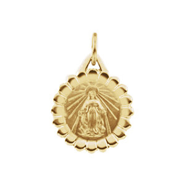 Embrace your religious beliefs with this devout miraculous medal. Truly a dear accessory, this miraculous medal will make a spectacular gift for any Christian. It's expertly crafted out of 14k yellow gold and measures approximately 11 x 13mm in size. Give them something truly special with this miraculous medal in 14k yellow gold.