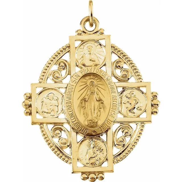 Miraculous Cross Medal In 14K Yellow Gold