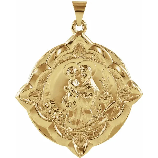 This Solid 14K Gold Hollow Back Saint Anthony medal is the Saint who helps people find lost objects. The beautifully crafted scalloped boarder adds to this very detailed medal.