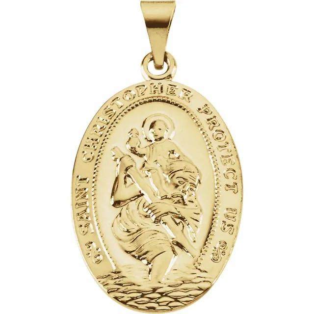 Saint Christopher is the most popular saint medal worn by travelers. This handsome Solid 14K Gold medal is oval and is 25mm x 17.5mm this medal has a high polish finish. St. Christopher is the patron saint of athletes, porters, sailors and travelers.