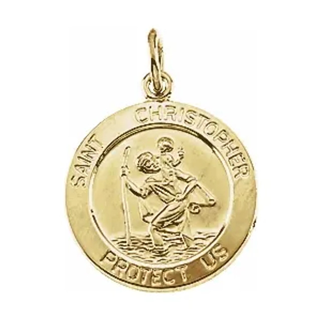 St. Christopher is the patron saint of athletes, porters, sailors and travelers. This St. Christopher Medal measures 15 millimeters, approximately 5/8-inch round. Made of 14K Yellow Gold, this piece features a weight of 2.02 grams. 