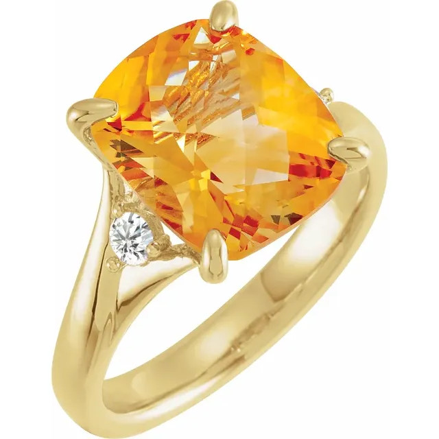Refined and timeless, this citrine gemstone and 1/6ctw diamond ring fashionably stands out, complemented by 14k yellow gold.
