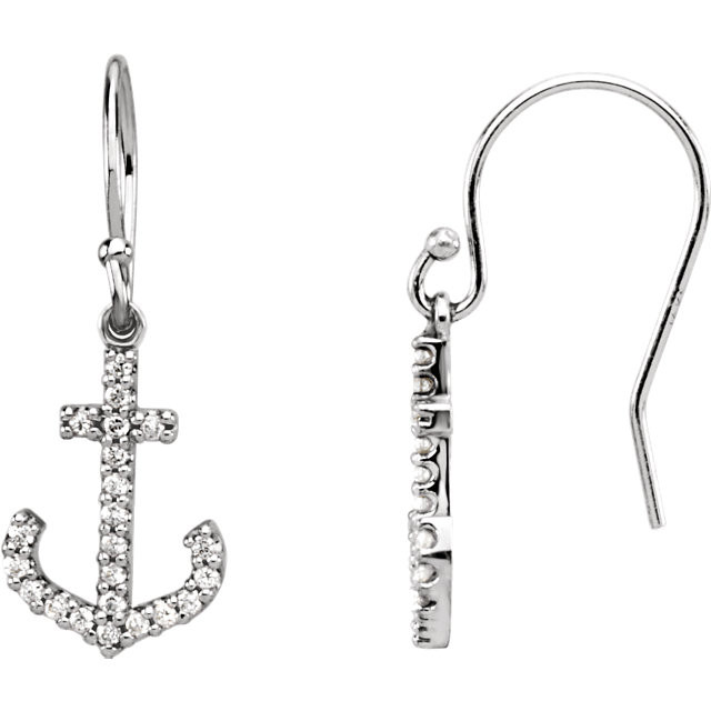 Ships Ahoy! These gorgeous 14k white gold earrings feature a glittering anchor pendant encrusted with 44 full cut round diamonds totaling 1/5 carat. The anchors measures 13mm long by 9mm wide and have a total hanging length of about 1-1/4 inch.