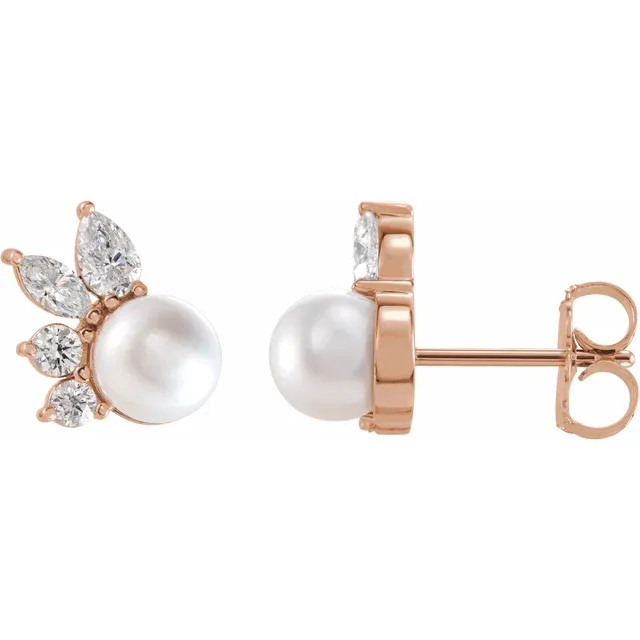 These beautiful pearls earrings add a touch of class to any occasion. The earrings feature two AA+ quality, 5.50mm Akoya cultured pearls, hand picked for their gorgeous luster and surface. The pearls are mounted with 1/2 carats of I1 and SI2-SI3 diamonds on 1.92 grams of the finest 14K gold. 