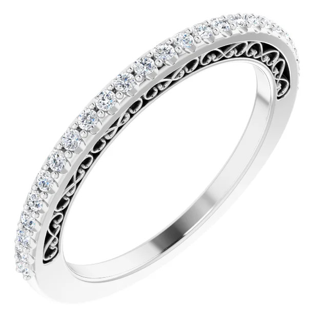 This stunning diamond band showcases 25 brilliant-cut round very sparkling diamonds of G-H Color, SI2-SI3 Clarity. The diamonds are set in platinum four-prong setting and are circling halfway around this semi eternity band.