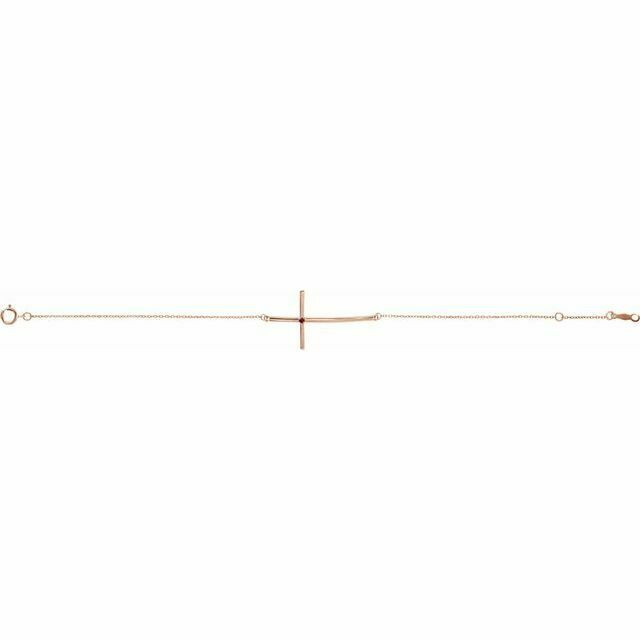 This bracelet fashioned in 14k rose gold features a sideways cross centered along a 8.0-inch chain that secures with a spring ring clasp.