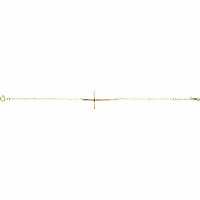 This bracelet fashioned in 14k yellow gold features a sideways cross centered along a 8.0-inch chain that secures with a spring ring clasp.