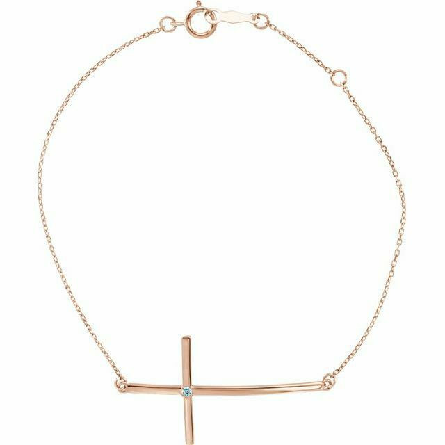 Genuine Aquamarine Sideways Cross Bracelet In 14K Rose Gold