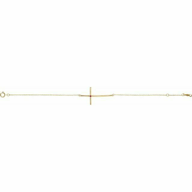 Genuine Ruby Sideways Cross Bracelet In 14K Yellow Gold