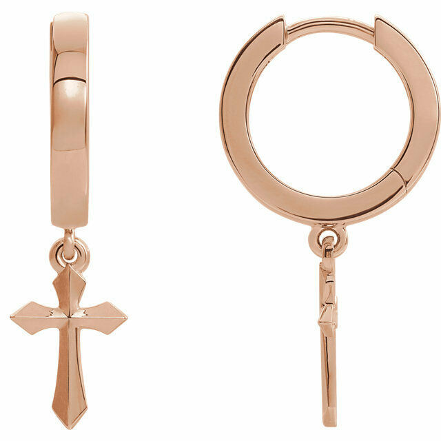 Simple elegance in a faith inspired design cross dangle earrings fashioned from 14k rose gold. Earrings measure 20.10x2.40mm with a bright polish to shine.