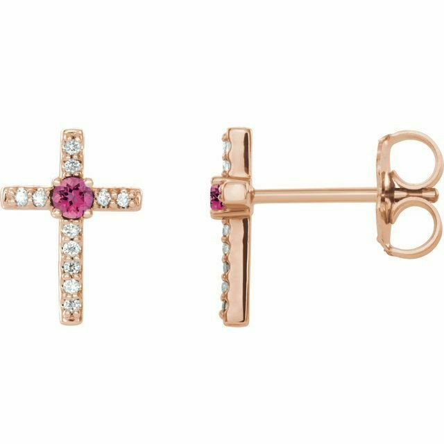 Pink Tourmaline & .06 CT Diamond Cross Earrings In 14K Rose Gold