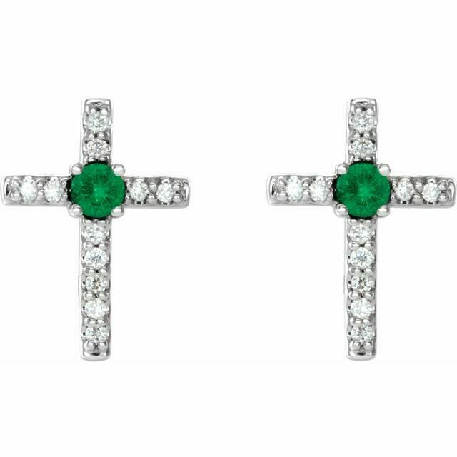 Emerald & .06CT Diamond Cross Earrings In Platinum 