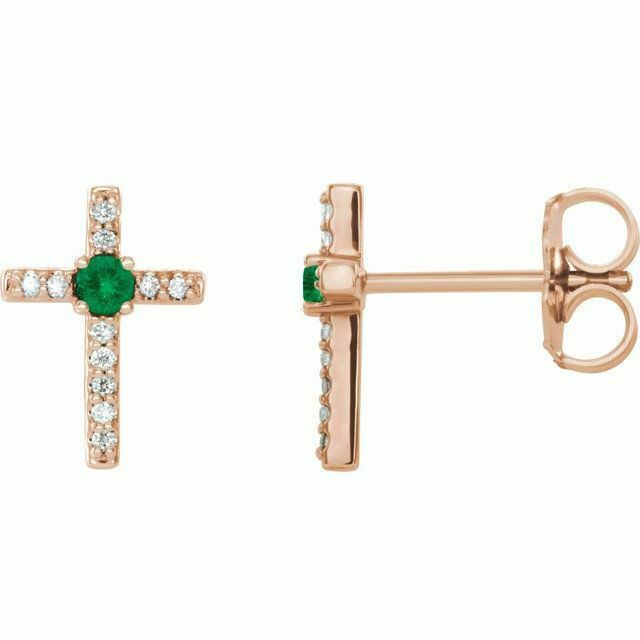 Emerald & .06CT Diamond Cross Earrings In 14K Rose Gold