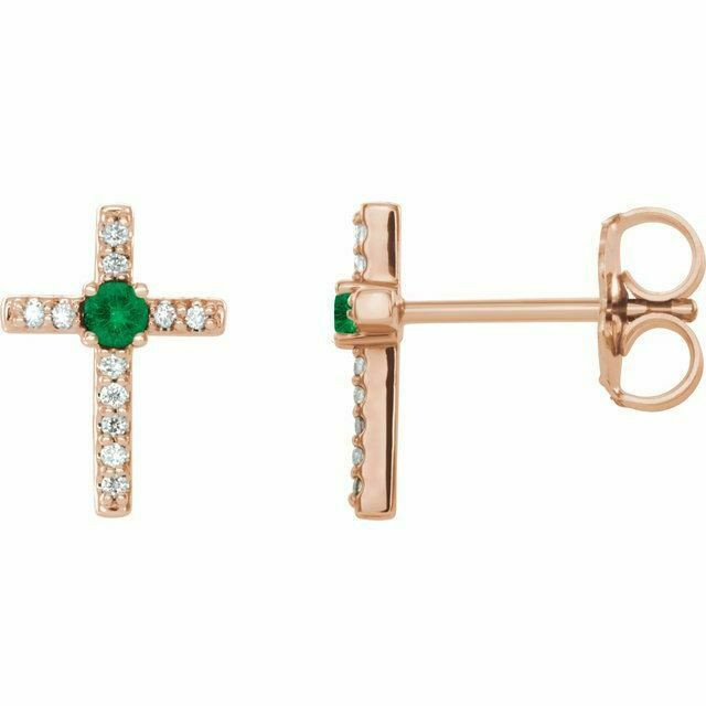 Chatham® Created Emerald & .06CT Diamond Cross Earrings In 14K Rose Gold