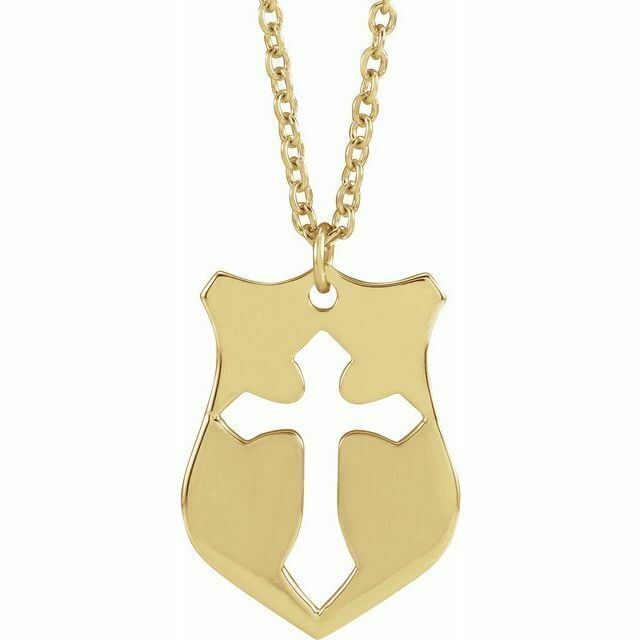 The simplicity of your faith is represented by this yellow gold pierced cross shield pendant. Polished to a brilliant shine. 