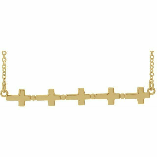 A sideways cross bar 18" necklace is crafted in polished 14k yellow gold to create this lovely symbol of faith. Polished to a brilliant shine. 